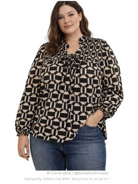 Boho Geometric Smocked Blouse 2X Metallic Thread Tie Neck Top